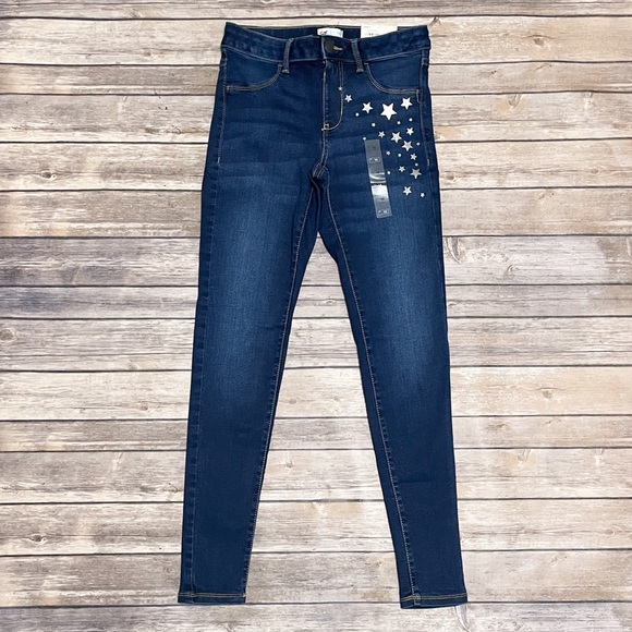 SO Dark Wash Skinny Jeggings Silver Star Accents Stretch Girls 14 NWT Mid Rise - Picture 2 of 11